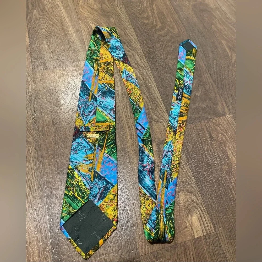 Brioni Necktie Vintage Multicolor Floral Abstract Silk Italy Gold Chain